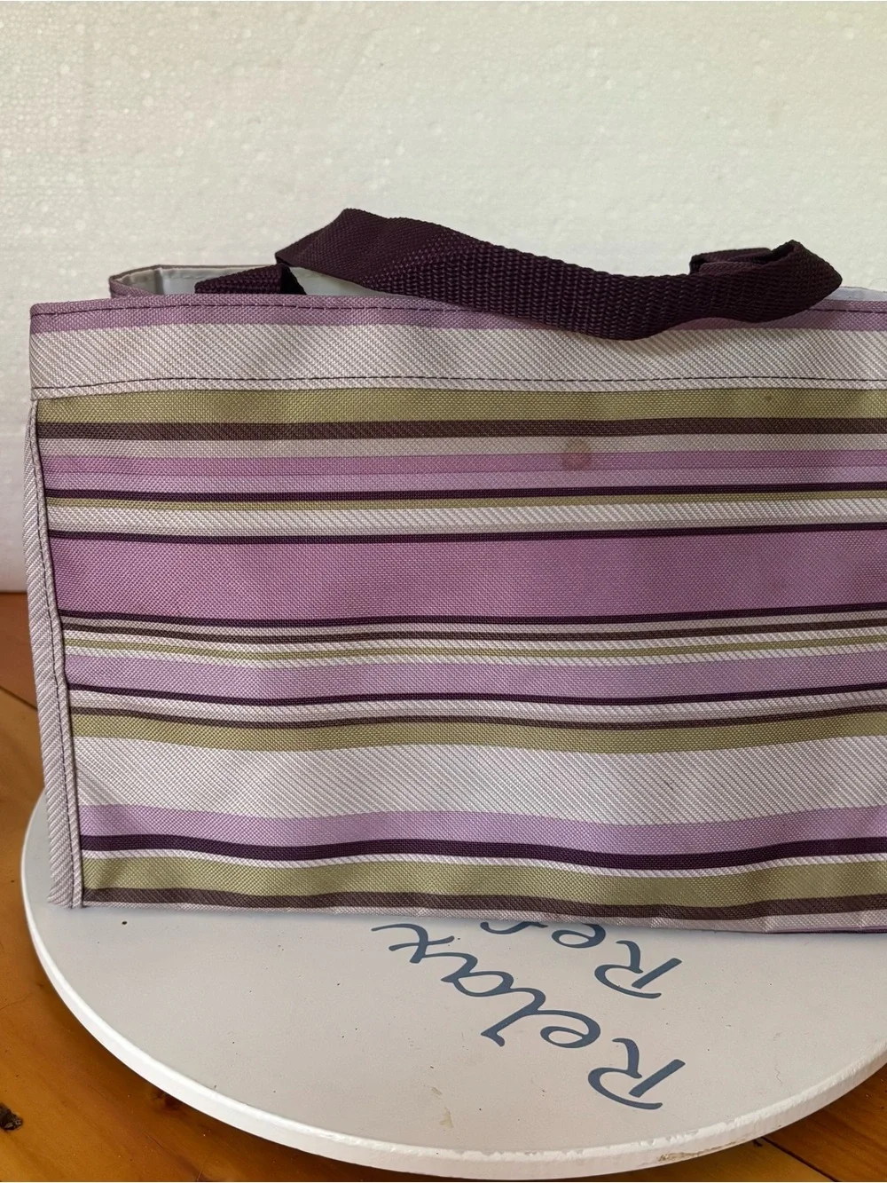 Thirty-One Small All In One Organizer Mini Utility Tote Purple Stripe